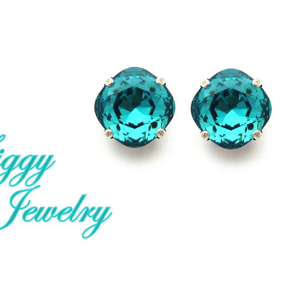 Swarovski Crystal Indicolite Cushion Cut Earrings, Teal Blue Solitaire Studs - Picture 1 of 6